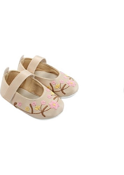 Çiçek Nakışlı Bebe Babet Patik Bej