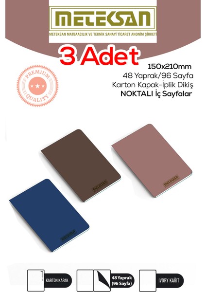 3'lü 15X21 cm A5 Ebat Not Defteri Ivory Kağıt Dokulu Karton Kapak Iplik Dikiş