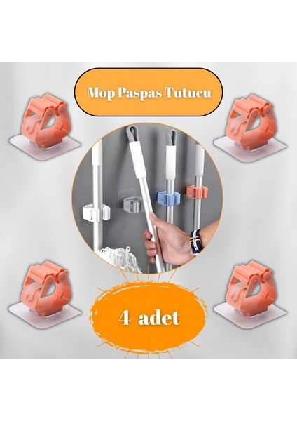 Guripon 4'Lü Duvara Monte Mop Paspas Tutucu, Kendinden Yapışkanlı, Organizer Düzenleyici