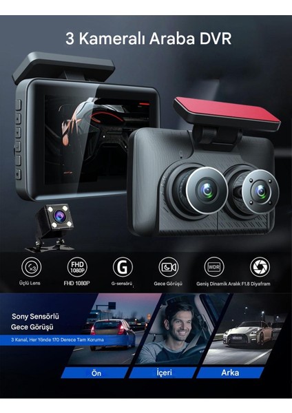 Full Hd Gece Görüşlü Araç Kamerası | 170° Geniş Açı, Otomatik Kayıt, G-Sensör R