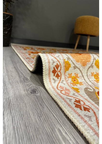 Turuncu Sarı ve Krem Tonları Etnik Desenli Otantik Dokuma Şönil Yıkanabilir Salon Halısı MARS287 fiyatları