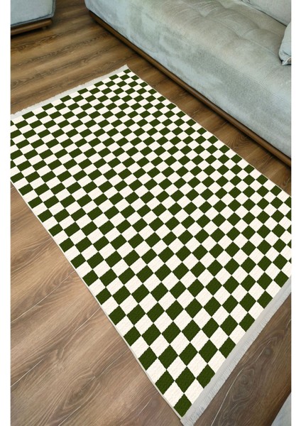Mars Halı Yeşil Krem Dama Desenli Saçaklı Geometrik Salon Mutfak Koridor Halısı Mars E 35 indirimleri