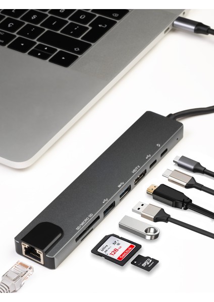 Macbook Pro Air USB Type-C Hub Dönüştürücü Çevirici Çoklayıcı USB Hdmı Micro Sd 8 Girişli