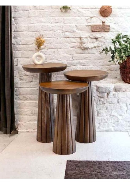 Dekoratif Ahşap Mantar Sehpa 3’lü Set – Masif Doğal Ceviz Renk Fiskos ve Zigon