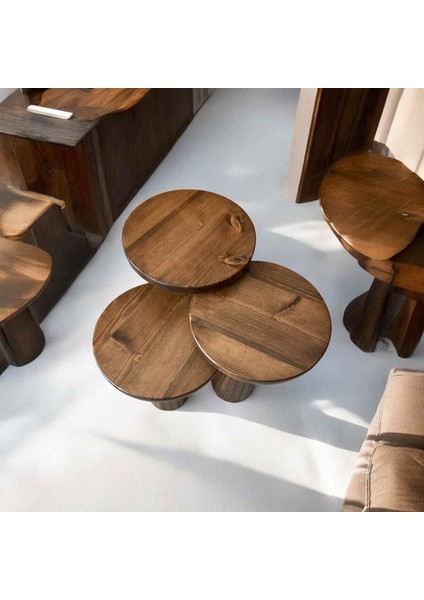 Dekoratif Ahşap Mantar Sehpa 3’lü Set – Masif Doğal Ceviz Renk Fiskos ve Zigon fiyatları