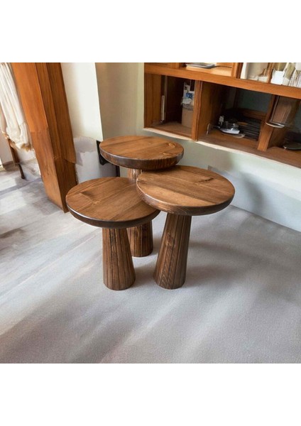 Dekoratif Ahşap Mantar Sehpa 3’lü Set – Masif Doğal Ceviz Renk Fiskos ve Zigon modelleri