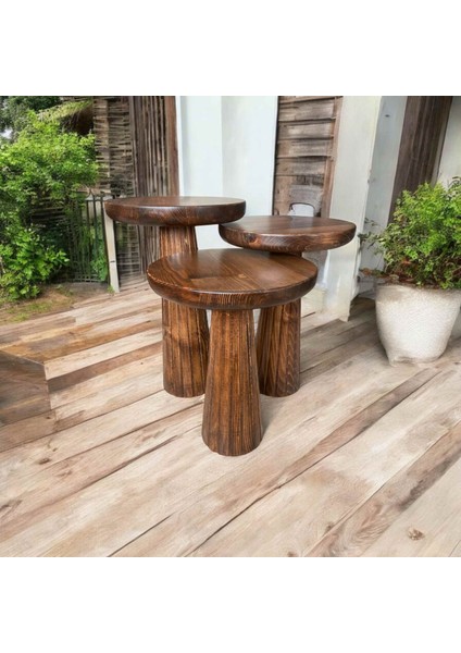 Dekoratif Ahşap Mantar Sehpa 3’lü Set – Masif Doğal Ceviz Renk Fiskos ve Zigon indirimleri