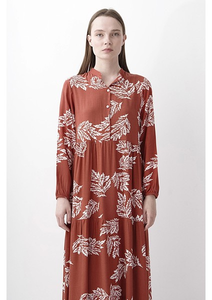 Bordo Yaprak Desenli Uzun Kadın Elbise Şık Boho Stil modelleri