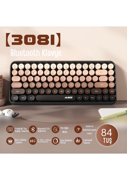 Kablosuz Bluetooth Retro Sessiz Klavye – Yuvarlak Tuşlu, Kedi Süs Aksesuarı, 84 Tuşlu, Taşınabilir, Akıllı Uyku Modu, Ergonomik Tasarım, Tablet Telefon Uyumlu, Ajazz AJ308I Kahverengi modelleri