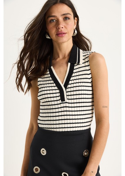 Kadın Polo Yaka Çizgili Fitilli Kalın Askılı Yazlık Triko Bluz modelleri