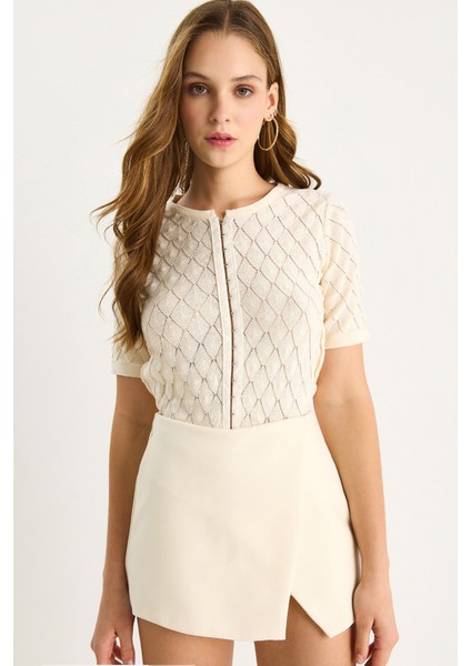 Kadın Baklava Örgülü Kısa Kollu Triko Bluz