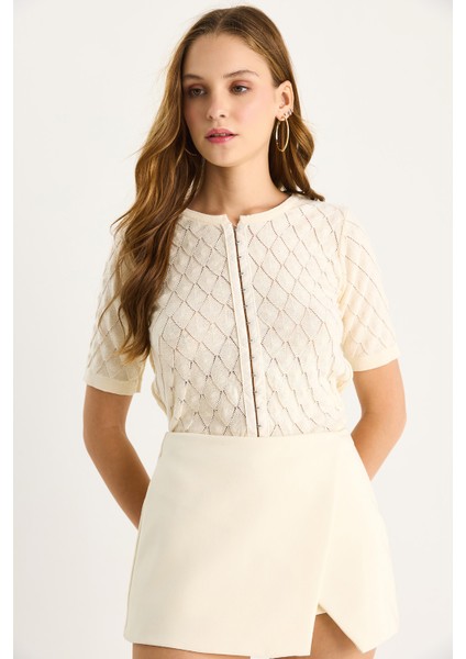 Kadın Baklava Örgülü Kısa Kollu Triko Bluz fiyatları