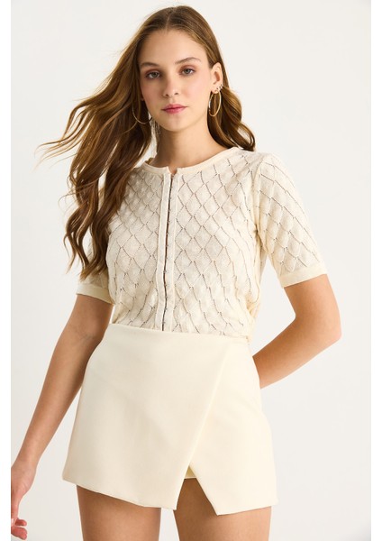 Kadın Baklava Örgülü Kısa Kollu Triko Bluz modelleri
