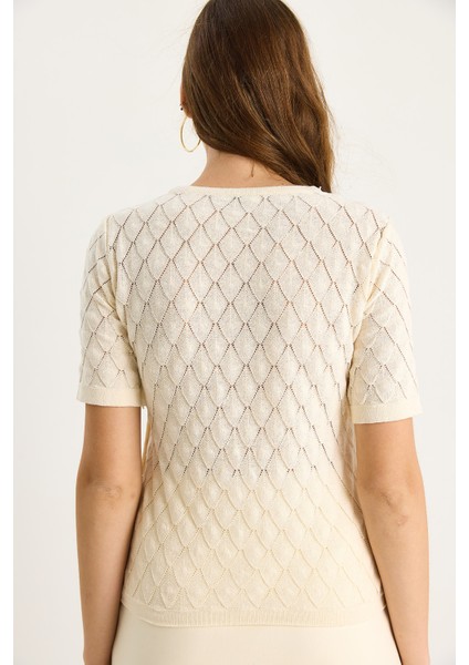 Kadın Baklava Örgülü Kısa Kollu Triko Bluz