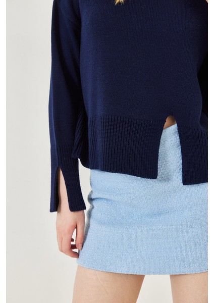 Kadın Balıkçı Yaka Önü Yırtmaçlı Triko Kazak modelleri