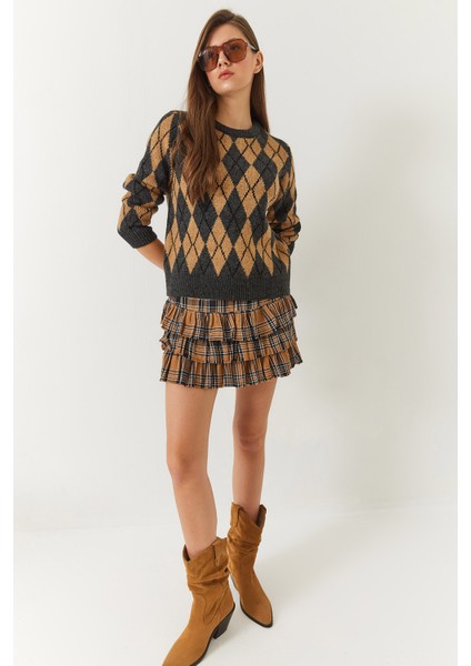 Kadın Bisiklet Yaka Baklava Desenli Kazak