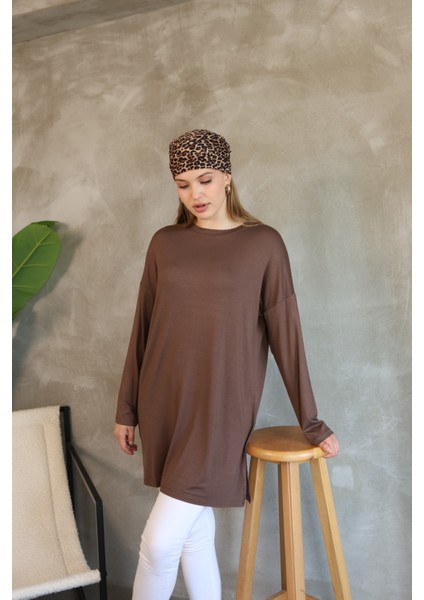 Modest Düşük Kol Kahverengi Oversize Likralı Modal Penye Pamuklu Tesettür Basic Tunik