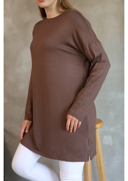 Modest Düşük Kol Kahverengi Oversize Likralı Modal Penye Pamuklu Tesettür Basic Tunik fiyatları