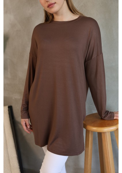 Modest Düşük Kol Kahverengi Oversize Likralı Modal Penye Pamuklu Tesettür Basic Tunik modelleri