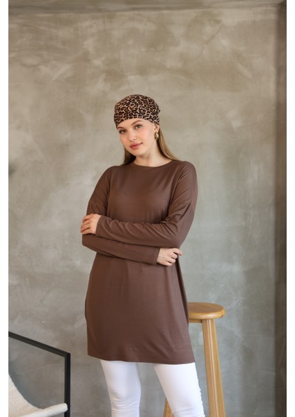 Modest Düşük Kol Kahverengi Oversize Likralı Modal Penye Pamuklu Tesettür Basic Tunik fırsatları