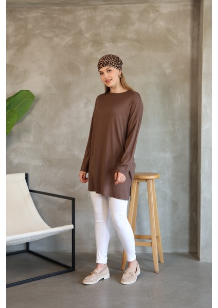 Modest Düşük Kol Kahverengi Oversize Likralı Modal Penye Pamuklu Tesettür Basic Tunik indirimleri
