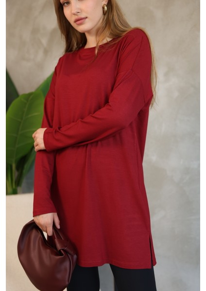 Modest Düşük Kol Kahverengi Oversize Likralı Modal Penye Pamuklu Tesettür Basic Tunik modelleri