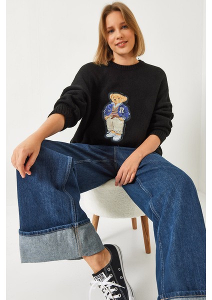 Kadın Ayıcık Baskılı Oversize Triko Kazak