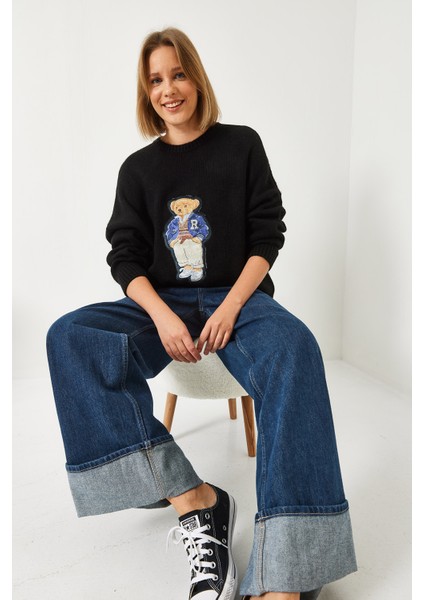 Kadın Ayıcık Baskılı Oversize Triko Kazak fiyatları