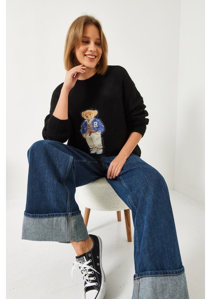 Kadın Ayıcık Baskılı Oversize Triko Kazak modelleri