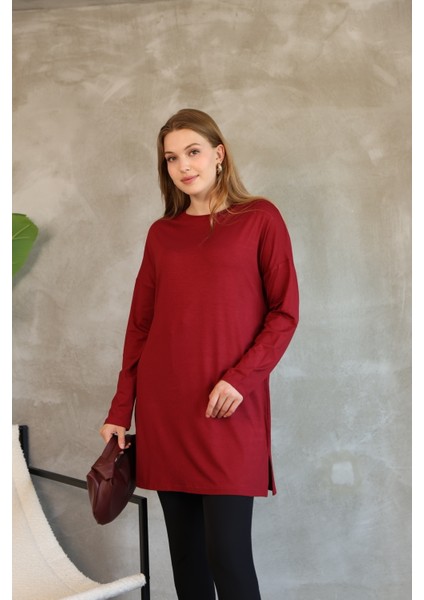 Modest Düşük Kol Kahverengi Oversize Likralı Modal Penye Pamuklu Tesettür Basic Tunik