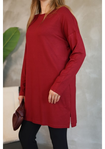 Modest Düşük Kol Kahverengi Oversize Likralı Modal Penye Pamuklu Tesettür Basic Tunik fiyatları