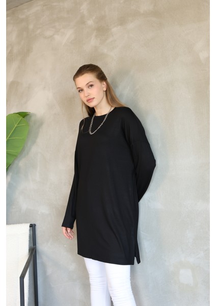 Modest Düşük Kol Kahverengi Oversize Likralı Modal Penye Pamuklu Tesettür Basic Tunik
