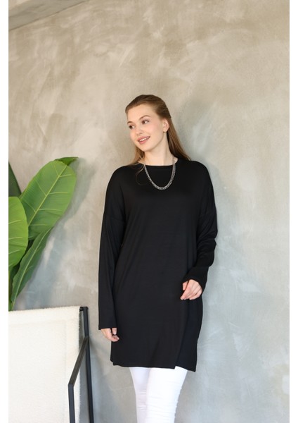 Modest Düşük Kol Kahverengi Oversize Likralı Modal Penye Pamuklu Tesettür Basic Tunik modelleri