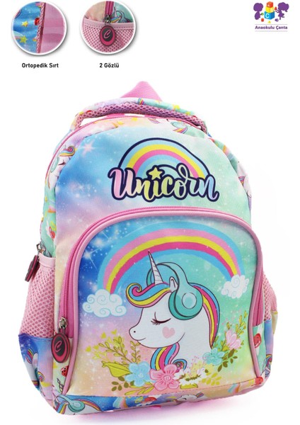 2 Gözlü Unicorn Anaokulu Çantası - Kız Çocuk Çanta Kreş Çantası - Gökkuşağı Unicorn Çanta