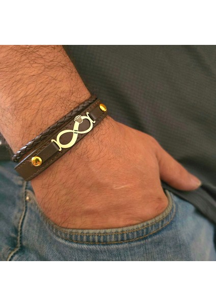 Altın Plakalı 14 Ayar H Harfine Özel Kahverengi Derili Sonsuzluk ve Taç Motifli BILEKLIK-614HARF