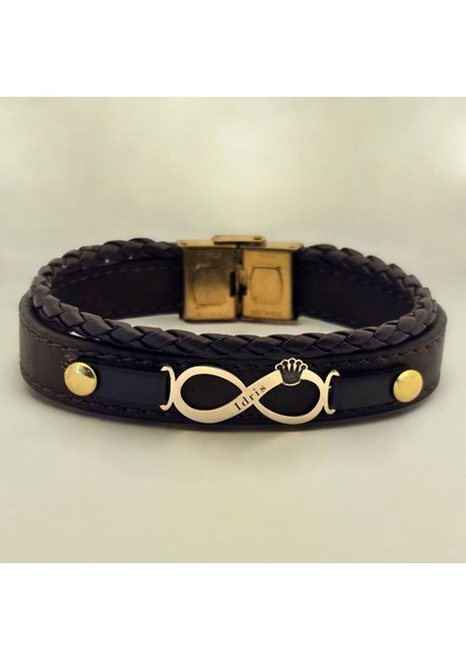 14 Ayar Plakalı Altın Idris Yazılı Kahverengi Derili Sonsuzluk ve Taç Motifli BILEKLIK-614ISIM fiyatları