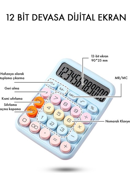 Renkli 12 Haneli Yuvarlak Tuşlu Mavi Hesap Makinesi, 4 Fonksiyonlu, Pratik ve Şık Tasarım fiyatları