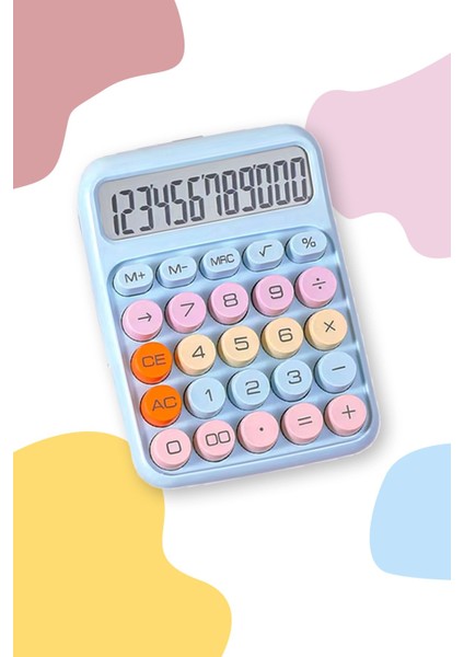 Renkli 12 Haneli Yuvarlak Tuşlu Mavi Hesap Makinesi, 4 Fonksiyonlu, Pratik ve Şık Tasarım
