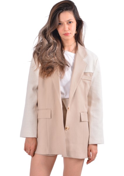 Kruvaze Yaka Dokulu Blazer Ceket Bej