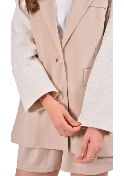 Kruvaze Yaka Dokulu Blazer Ceket Bej fiyatları