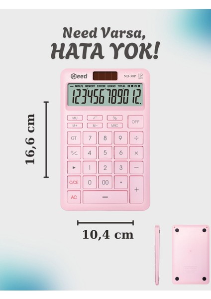 Pastel Pembe 12 Haneli Hesap Makinesi ND-30P, Şık ve Kullanışlı Tasarım