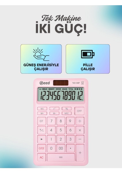 Pastel Pembe 12 Haneli Hesap Makinesi ND-30P, Şık ve Kullanışlı Tasarım