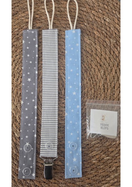 3’lü Set Bebek Emzik Askısı - Emzik Zinciri - Yenidoğan Kumaş Askı %100 Pamuk Yıkanabilir