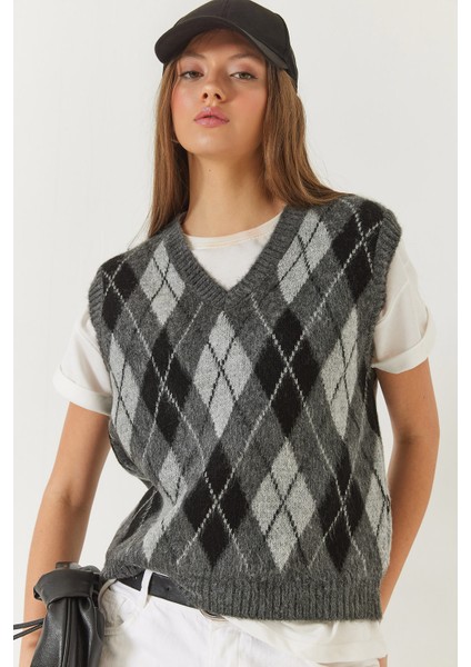Kadın Şardonlu Baklava Desenli Triko Süveter