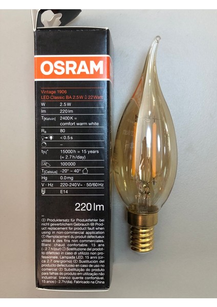 10 Adet Osram 2,5W=22W=220 Lümen E14 Rustik Kıvrık LED Buji Lamba modelleri