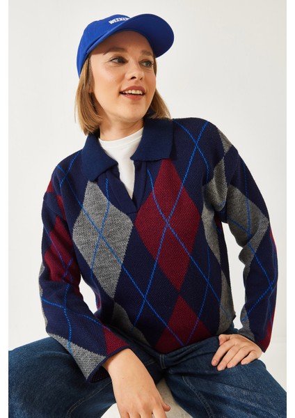 Kadın Polo Yaka Desenli Triko Kazak