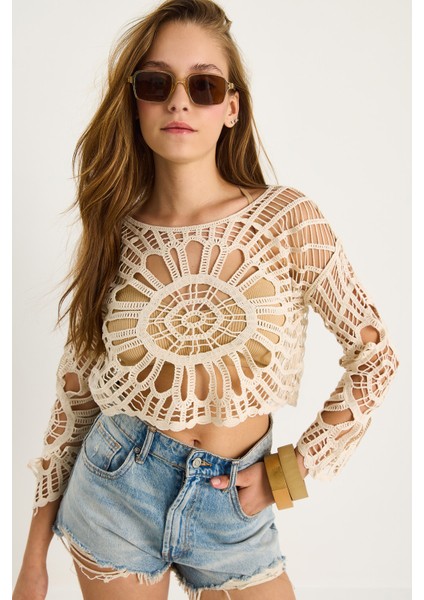 Kadın Dantel Örgü Triko Crop Bluz