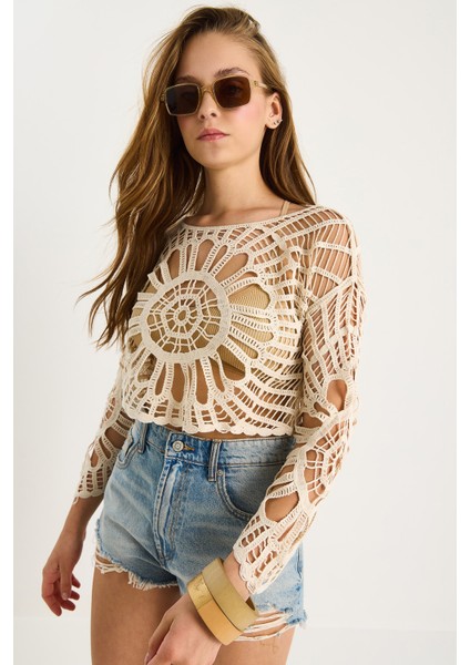 Kadın Dantel Örgü Triko Crop Bluz modelleri