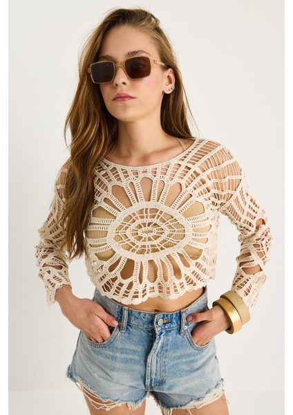 Kadın Dantel Örgü Triko Crop Bluz fırsatları