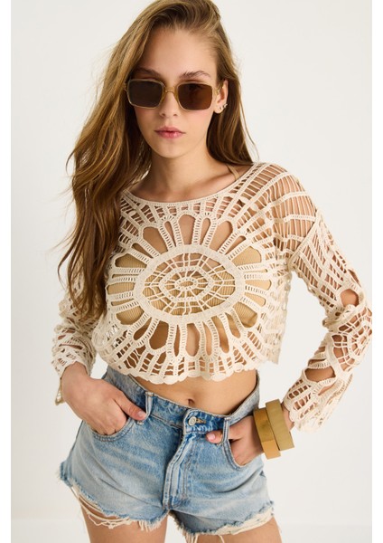 Kadın Dantel Örgü Triko Crop Bluz indirimleri